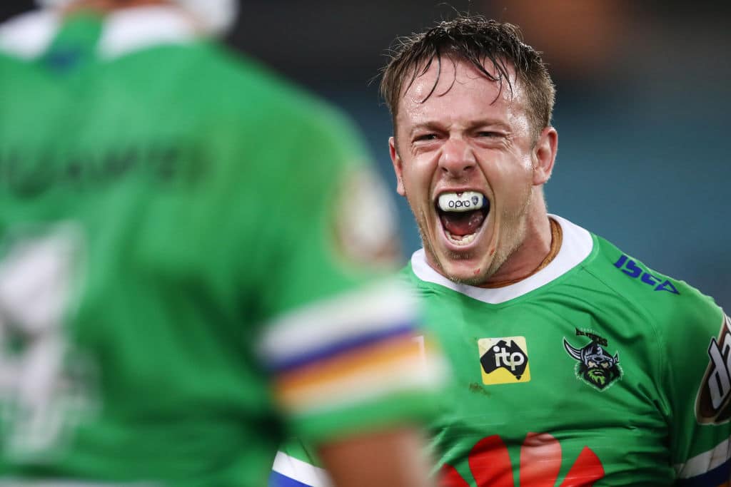 SYDNEY, AUSTRALIA - JUNE 01: Sam Williams of the Raiders celebrates at full time during the round 12 NRL match between the Canterbury Bulldogs and the Canberra Raiders at ANZ Stadium on June 1, 2019 in Sydney, Australia. (Photo by Brendon Thorne/Getty Images)