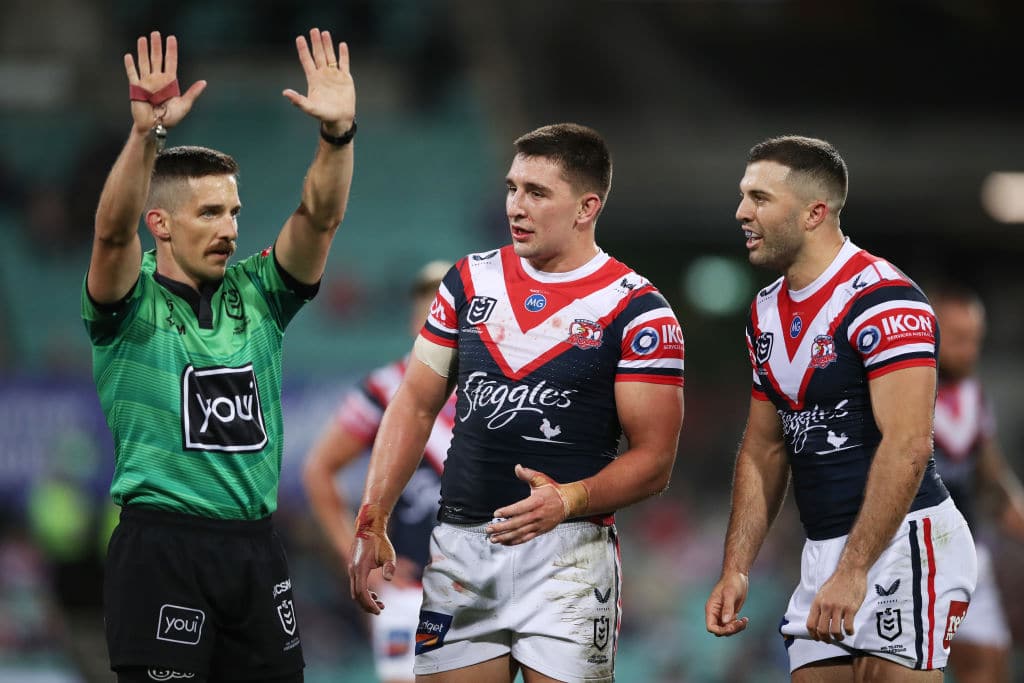 SYDNEY, AUSTRALIA - MAY 22:  Victor Radley of the Roosters is sent to the sin bin by referee Peter Gough as James Tedesco looks on during the round 11 NRL match between the Sydney Roosters and the Brisbane Broncos at Sydney Cricket Ground, on May 22, 2021, in Sydney, Australia. (Photo by Matt King/Getty Images)