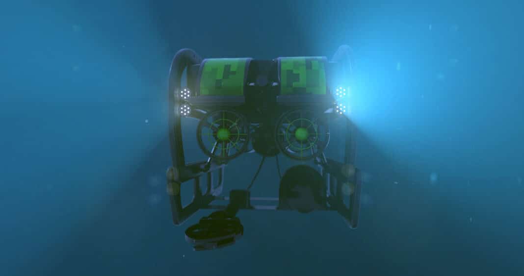 an underwater drone with lights glowing submerged in the sea