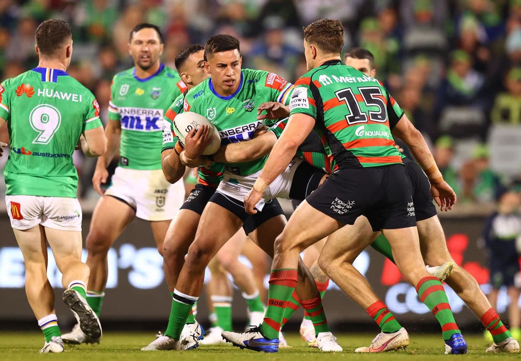 CANBERRA, AUSTRALIA - APRIL 29: Joseph Tapine of the Raiders is tackled during the round eight NRL match between the Canberra Raiders and the South Sydney Rabbitohs at GIO Stadium, on April 29, 2021, in Canberra, Australia. (Photo by Mark Nolan/Getty Images)