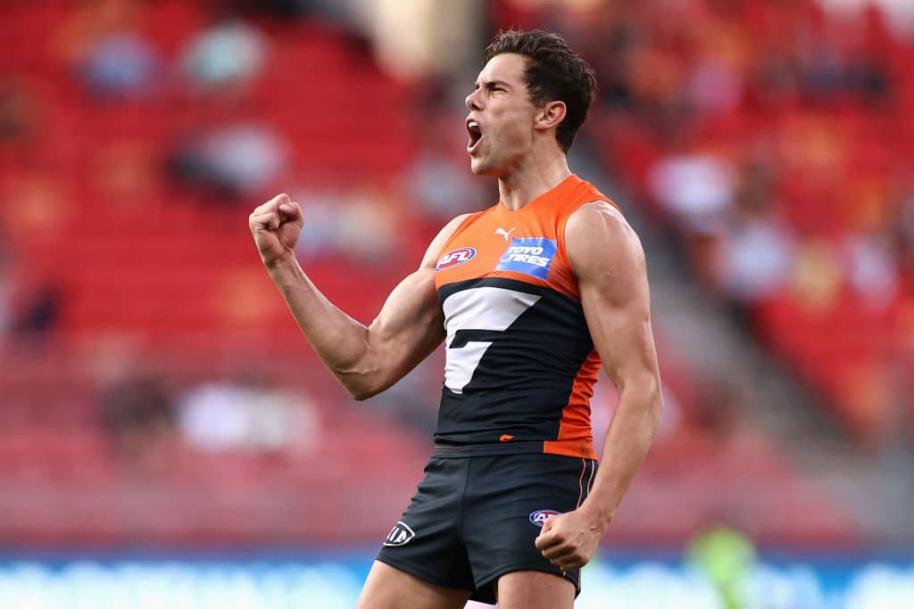 SYDNEY, AUSTRALIA - MAY 08: Josh Kelly of the Giants celebrates kicking a goal during the round eight AFL match between the Greater Western Sydney Giants and the Essendon Bombers at GIANTS Stadium on May 08, 2021 in Sydney, Australia. (Photo by Cameron Spencer/Getty Images)