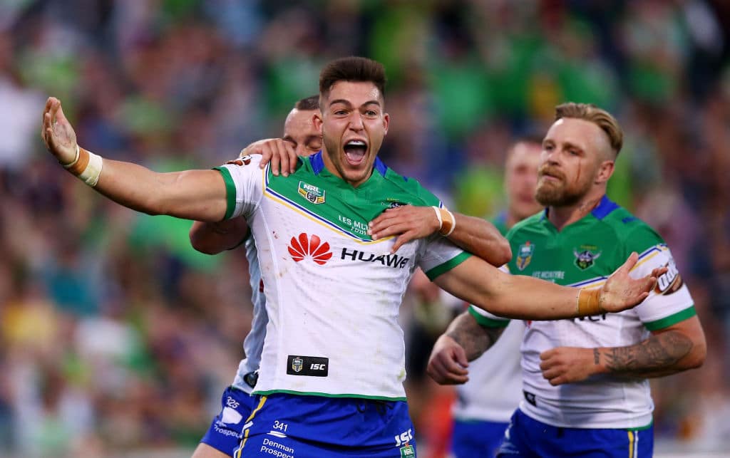 CANBERRA, AUSTRALIA - APRIL 01:  Nick Cotric of the Raiders celebrates a try during the round five NRL match between the Canberra Raiders and the Parramatta Eels at GIO Stadium on April 1, 2017 in Canberra, Australia.  (Photo by Mark Nolan/Getty Images)