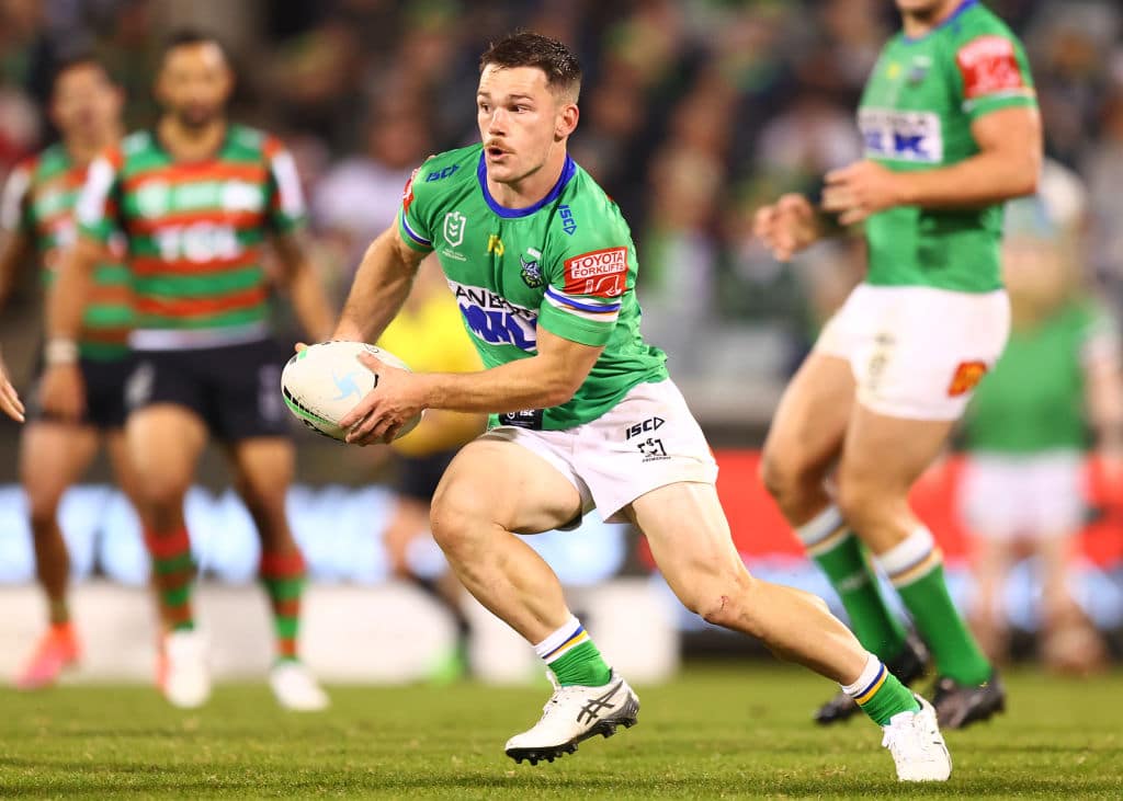 CANBERRA, AUSTRALIA - APRIL 29: Tom Starling of the Raiders in action during the round eight NRL match between the Canberra Raiders and the South Sydney Rabbitohs at GIO Stadium, on April 29, 2021, in Canberra, Australia. (Photo by Mark Nolan/Getty Images)