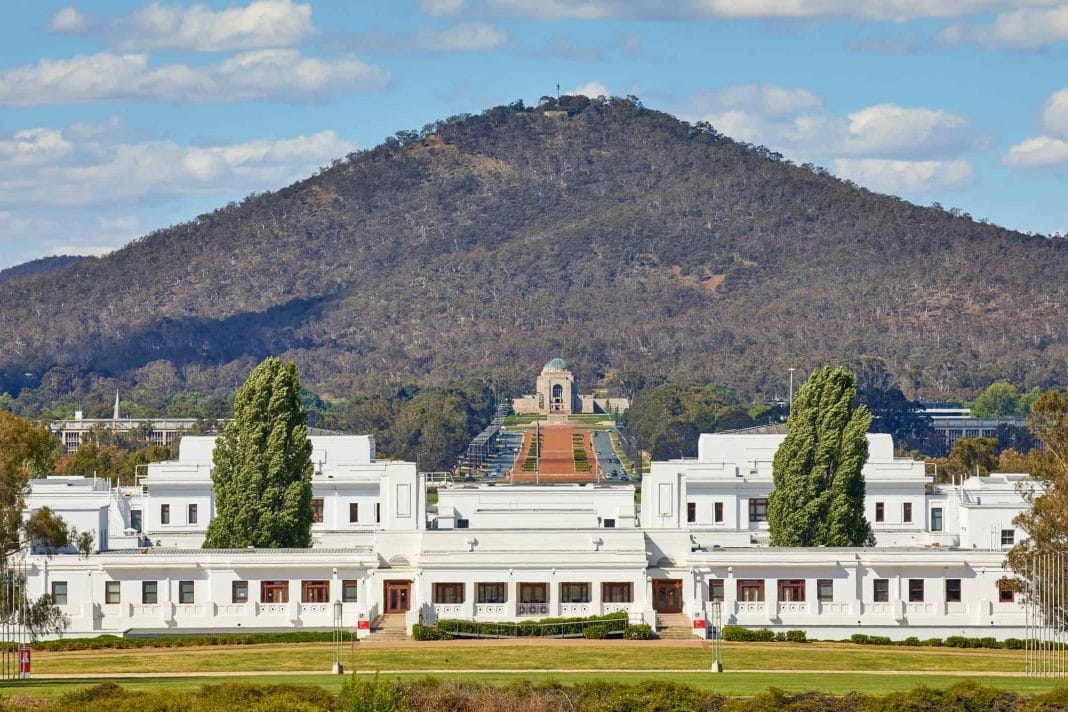 View looking across the southern side of Old Parliament House across to Anzac Parade and the Australian War Memorial with Mt Ainslie in the background in Canberra