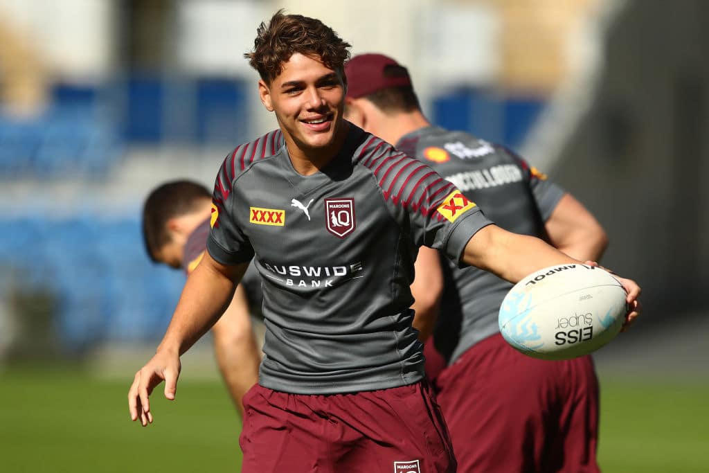 GOLD COAST, AUSTRALIA - JUNE 22: Reece Walsh during a Queensland Maroons State of Origin training session at the Cbus Super Stadium on June 22, 2021 in Gold Coast, Australia. (Photo by Chris Hyde/Getty Images)