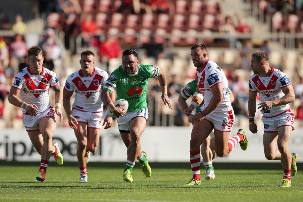 WOLLONGONG, AUSTRALIA - SEPTEMBER 12: Jordan Rapana of the Raiders makes a break during the round 18 NRL match between the St George Illawarra Dragons and the Canberra Raiders at WIN Stadium on September 12, 2020 in Wollongong, Australia. (Photo by Matt King/Getty Images)