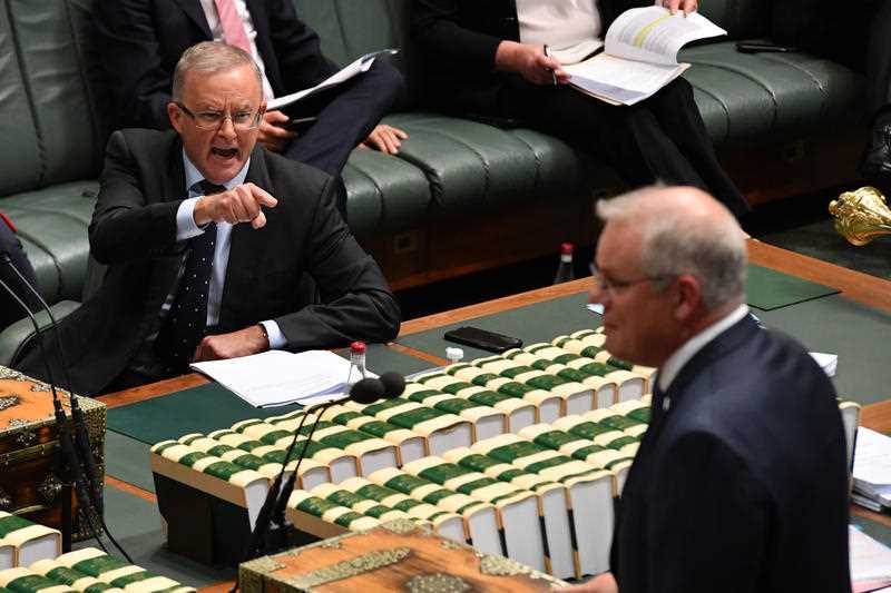 Leader of the Opposition Anthony Albanese and Prime Minister Scott Morrison during Question Time in the House of Representatives at Parliament House in Canberra