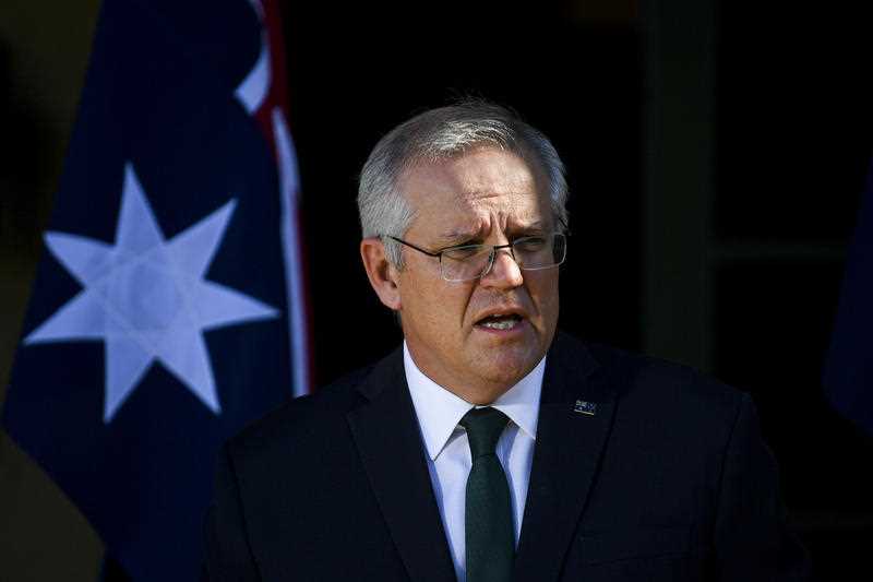 Australian Prime Minister Scott Morrison speaks to the media during a press conference at the Lodge in Canberra