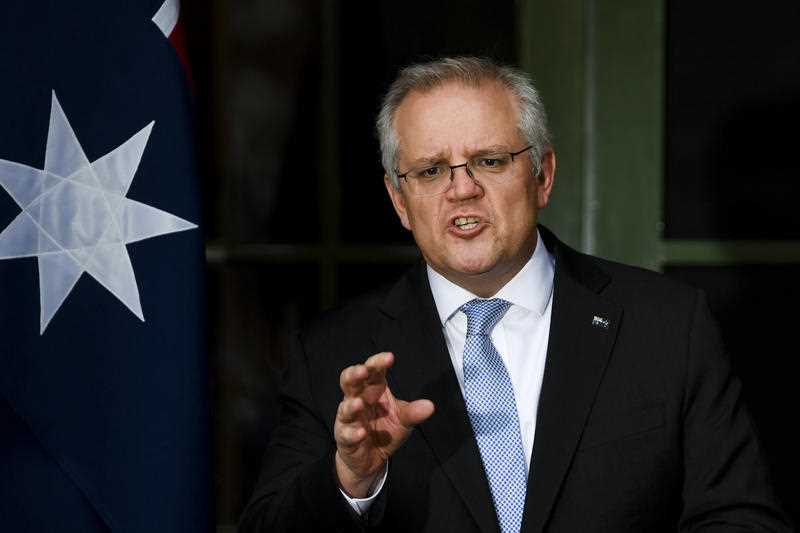 Australian Prime Minister Scott Morrison speaks to the media during a press conference at the Lodge in Canberra