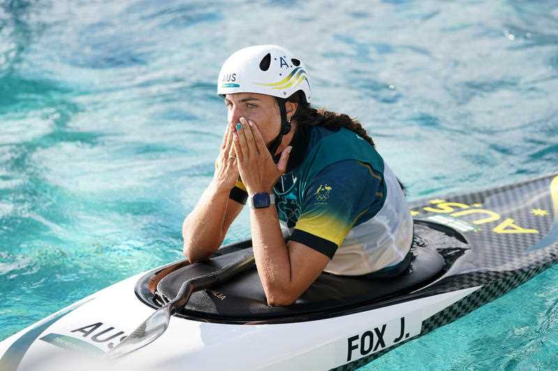 Jessica Fox of Australia reacts after taking Bronze in the Women’s Canoe Slalom K1 Final during at the Kasai Canoe Slalom Centre during the Tokyo Olympic Games