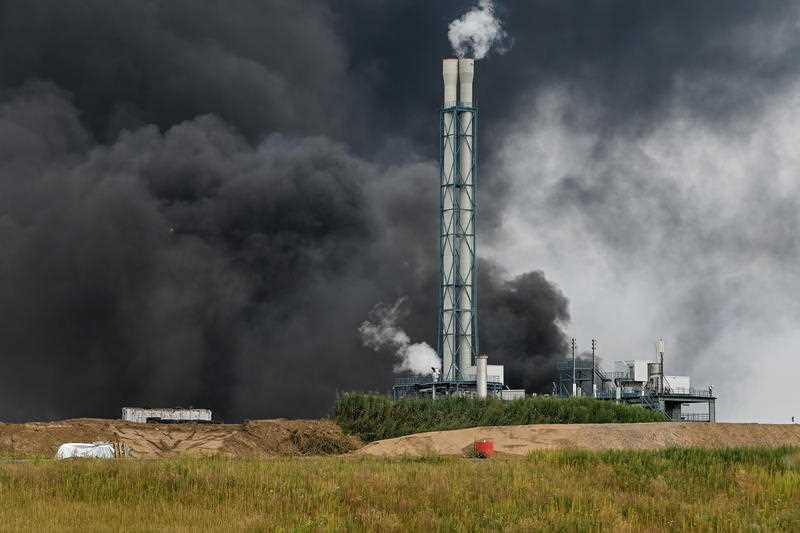A view of smoke billowing from the chemical industry area of 'Chempark' in Leverkusen, Germany