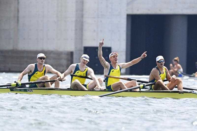 Alexander Purnell, Spencer Turrin, Jack Hargreaves and Alexander Hill of Australia celebrate after winning the men's rowing four at the Tokyo Olympics