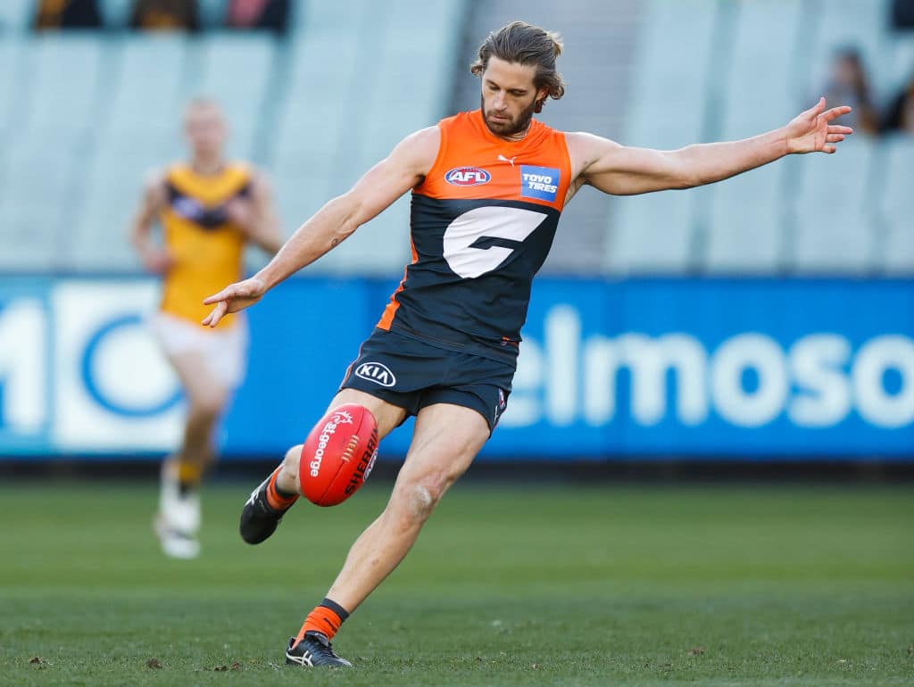 MELBOURNE, AUSTRALIA - JUNE 27: Callan Ward of the Giants in action during the 2021 AFL Round 15 match between the GWS Giants and the Hawthorn Hawks at the Melbourne Cricket Ground on June 27, 2021 in Melbourne, Australia. (Photo by Michael Willson/AFL Photos via Getty Images)
