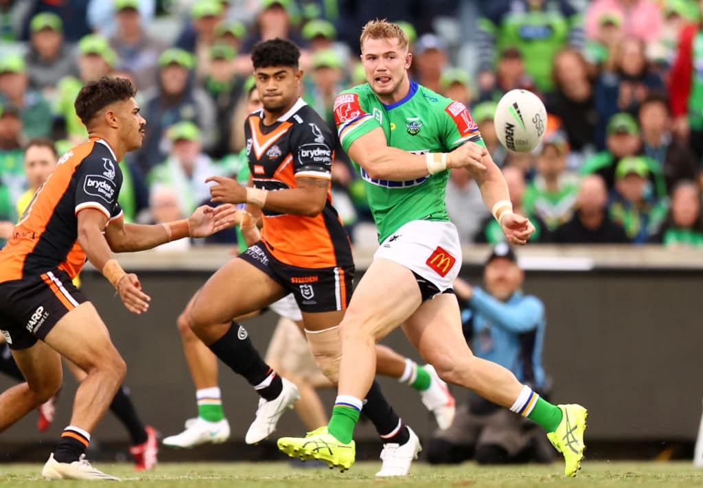CANBERRA, AUSTRALIA - MARCH 14: Hudson Young of the Raiders makes a line break during the round one NRL match between the Canberra Raiders and the Wests Tigers at GIO Stadium, on March 14, 2021, in Canberra, Australia. (Photo by Mark Nolan/Getty Images)