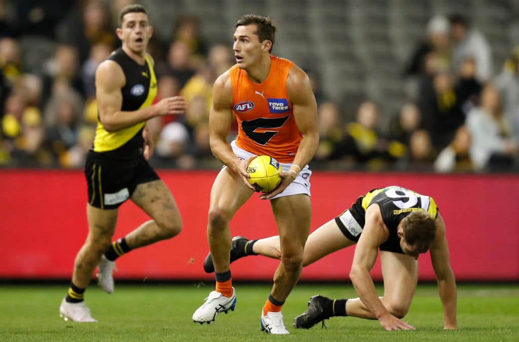 MELBOURNE, AUSTRALIA - MAY 15: Isaac Cumming of the Giants in action during the 2021 AFL Round 09 match between the Richmond Tigers and the GWS Giants at Marvel Stadium on May 15, 2021 in Melbourne, Australia. (Photo by Michael Willson/AFL Photos via Getty Images)