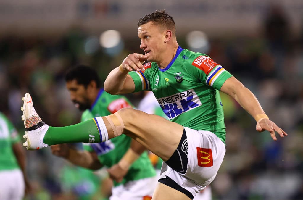 CANBERRA, AUSTRALIA - JUNE 12: Jack Wighton of the Raiders kicks ahead during the round 14 NRL match between the Canberra Raiders and the Brisbane Broncos at GIO Stadium, on June 12, 2021, in Canberra, Australia. (Photo by Mark Nolan/Getty Images)