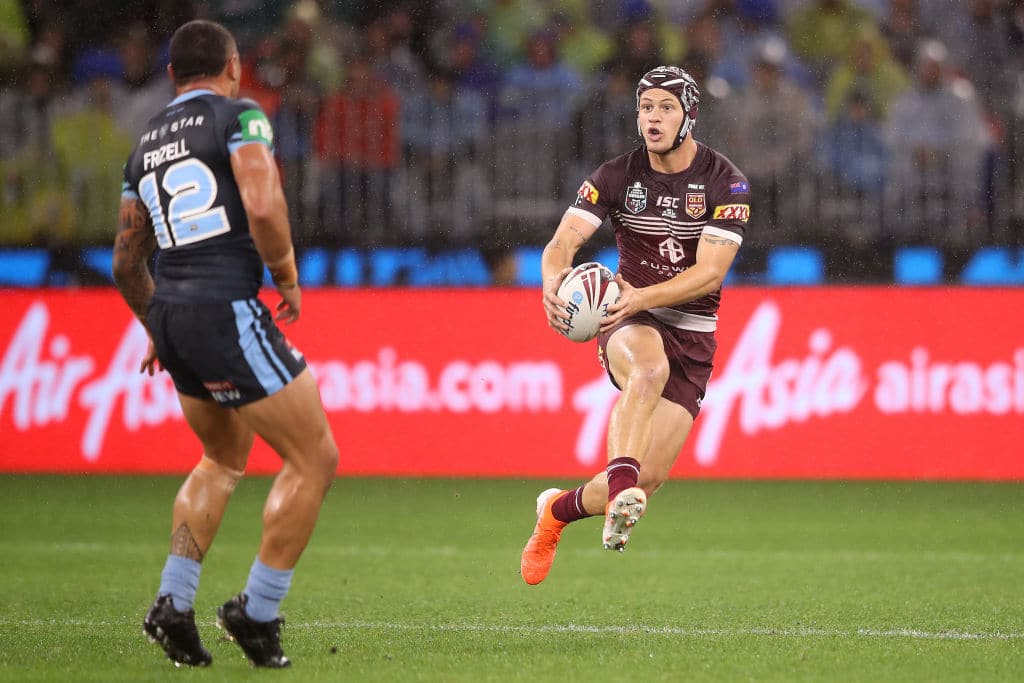 PERTH, AUSTRALIA - JUNE 23:  Kalyn Ponga of the Maroons makes a break during game two of the 2019 State of Origin series between the New South Wales Blues and the Queensland Maroons at Optus Stadium on June 23, 2019 in Perth, Australia. (Photo by Mark Kolbe/Getty Images)