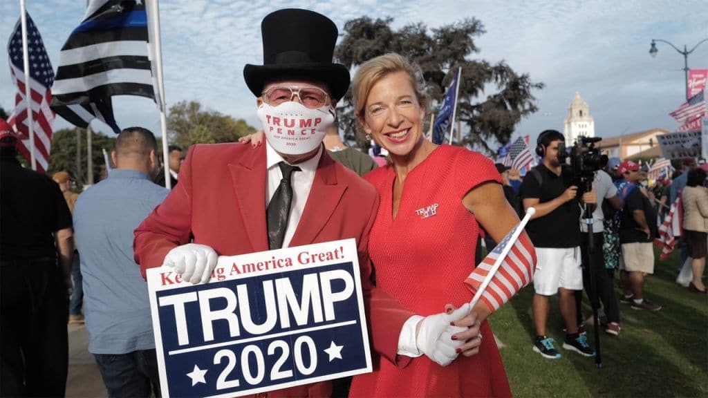 LOS ANGELES, CA - OCTOBER 24: Katie Hopkins is seen at a rally for President Donald Trump on October 24, 2020 in Los Angeles, California. (Photo by Nick Ut/Getty Images)