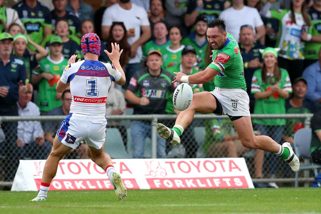 WAGGA WAGGA, AUSTRALIA - MAY 08: Jordan Rapana of the Raiders kicks the ball during the round nine NRL match between the Canberra Raiders and the Newcastle Knights at , on May 08, 2021, in Wagga Wagga, Australia. (Photo by Kelly Defina/Getty Images)