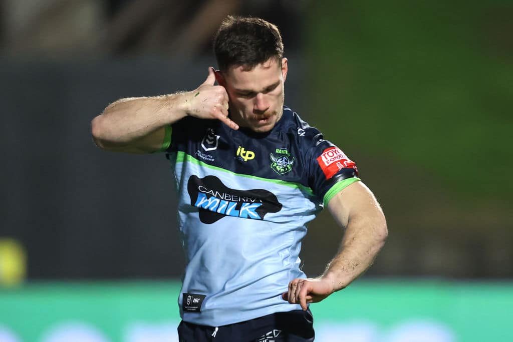 SYDNEY, AUSTRALIA - JULY 08: Tom Starling of the Raiders celebrates after scoring a try during the round 17 NRL match between the Manly Sea Eagles and the Canberra Raiders at 4 Pines Park on July 08, 2021, in Sydney, Australia. (Photo by Cameron Spencer/Getty Images)