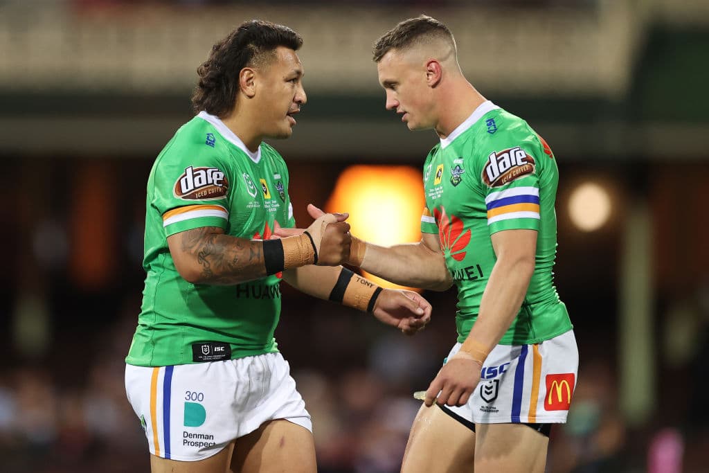 SYDNEY, AUSTRALIA - OCTOBER 09: Josh Papalii of the Raiders celebrates with Jack Wighton of the Raiders after scoring a try during the NRL Semi Final match between the Sydney Roosters and the Canberra Raiders at the Sydney Cricket Ground on October 09, 2020 in Sydney, Australia. (Photo by Cameron Spencer/Getty Images)