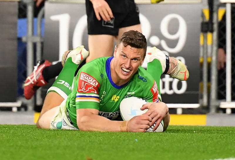 Jack Wighton of the Raiders scores a try during the NRL Round 18 match between Canberra Raiders and Cronulla Sharks at CBus Stadium on the Gold Coast, Saturday, July 17, 2021