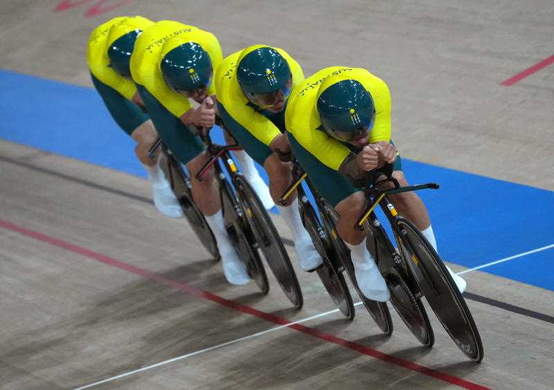 Members of team Australia compete in the men's Team Pursuit Bronze Medal final during the Track Cycling events of the Tokyo 2020 Olympic Games at the Izu Velodrome in Ono, Shizuoka, Japan