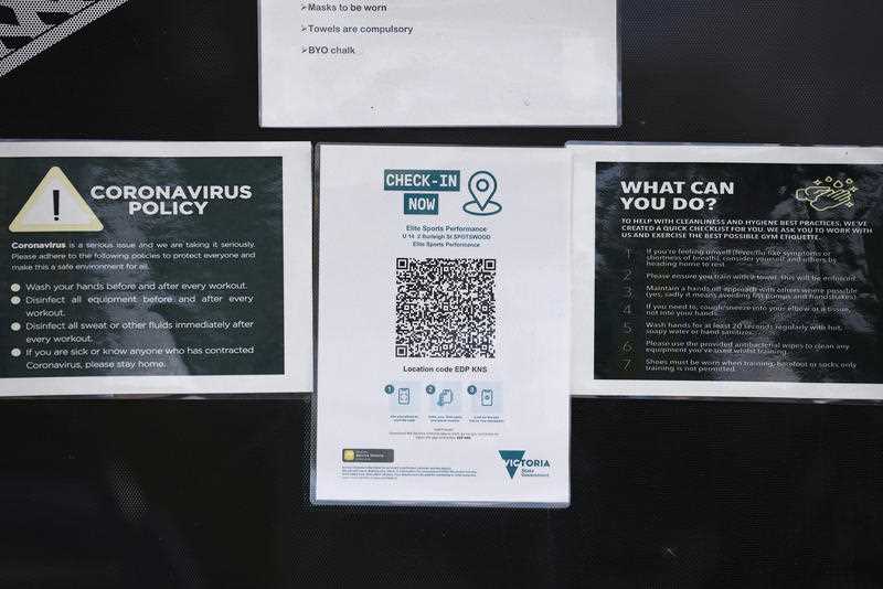 A QR code on the window of the Elite Sports Performance gym in Spottswood is seen, in Melbourne