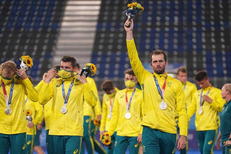 Australia with their Silver medals after their loss to Belgium in the Men's Gold Medal final Hockey match between Australia and Belgium at Oi Hockey Stadium during the Tokyo Olympic Games