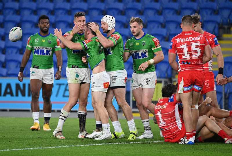 Tom Starling of the Raiders reacts after scoring a try during the Round 21 NRL match between the Canberra Raiders and the St George Dragons at CBus Stadium on the Gold Coast, Friday, August 6,
