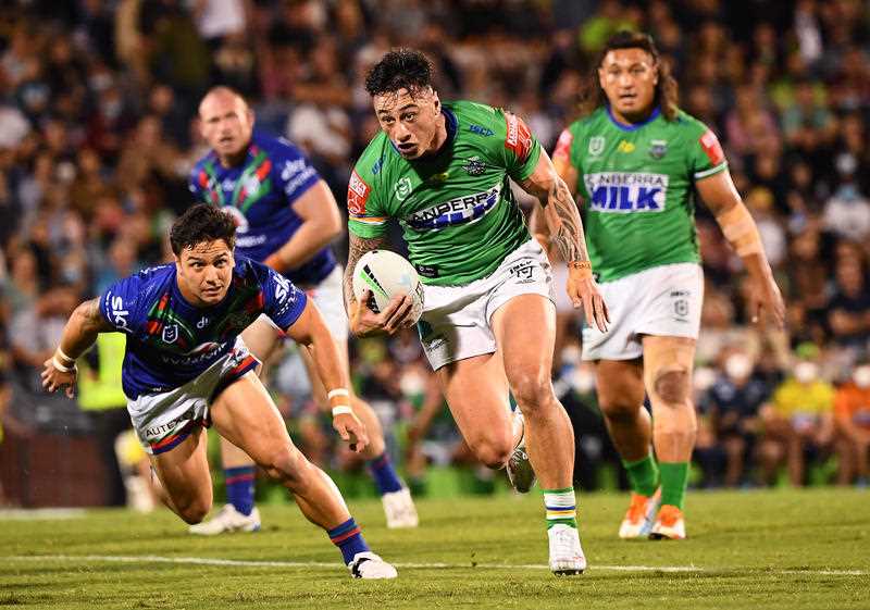 Charnze Nicoll-Klokstad of the Raiders during the Round 24 NRL match between the New Zealand Warriors and the Canberra Raiders, at BB Print Stadium, Mackay, QLD, Friday, August 27, 2021