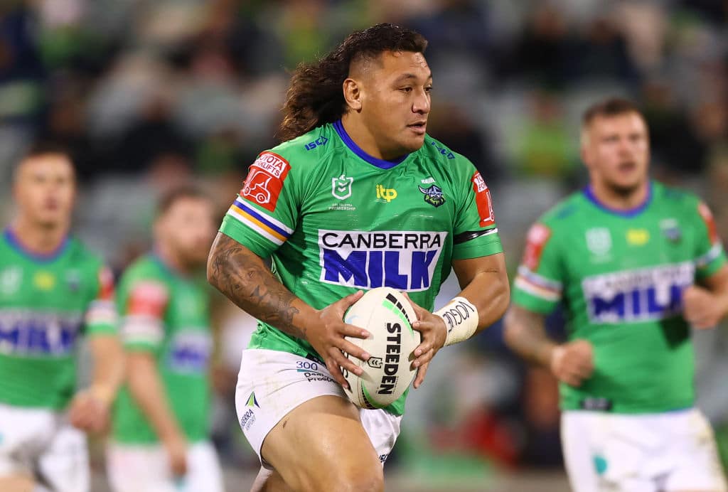 CANBERRA, AUSTRALIA - JUNE 12:  Josh Papalii of the Raiders in action during the round 14 NRL match between the Canberra Raiders and the Brisbane Broncos at GIO Stadium, on June 12, 2021, in Canberra, Australia. (Photo by Mark Nolan/Getty Images)