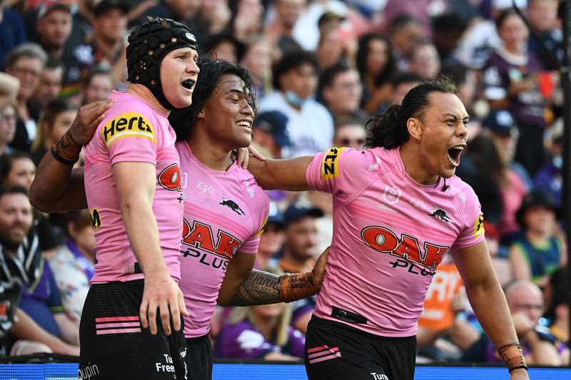 Panthers Brian To’o (C) celebrates after scoring a try during the NRL Preliminary Final match between Melbourne Storm and Penrith Panthers at Suncorp Stadium in Brisbane, Saturday, September 25, 2021.