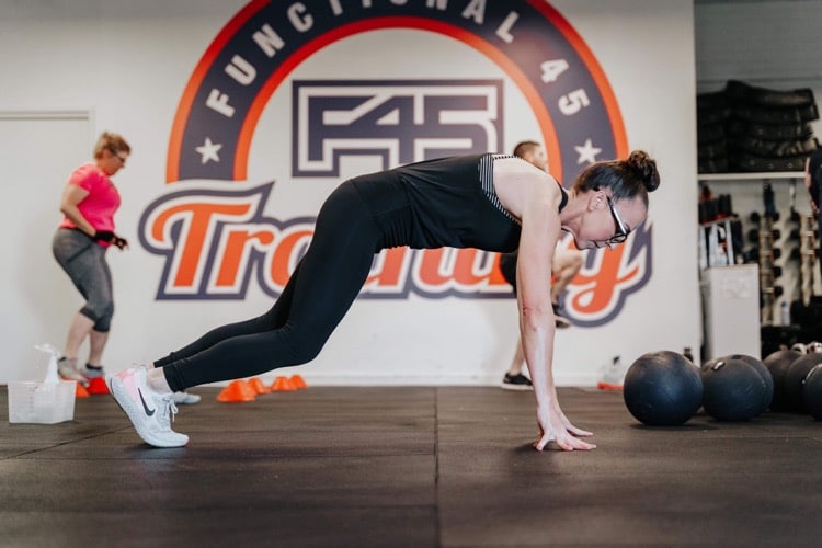 An F45 member performs a burpee – only 999 more to go. Photo supplied.