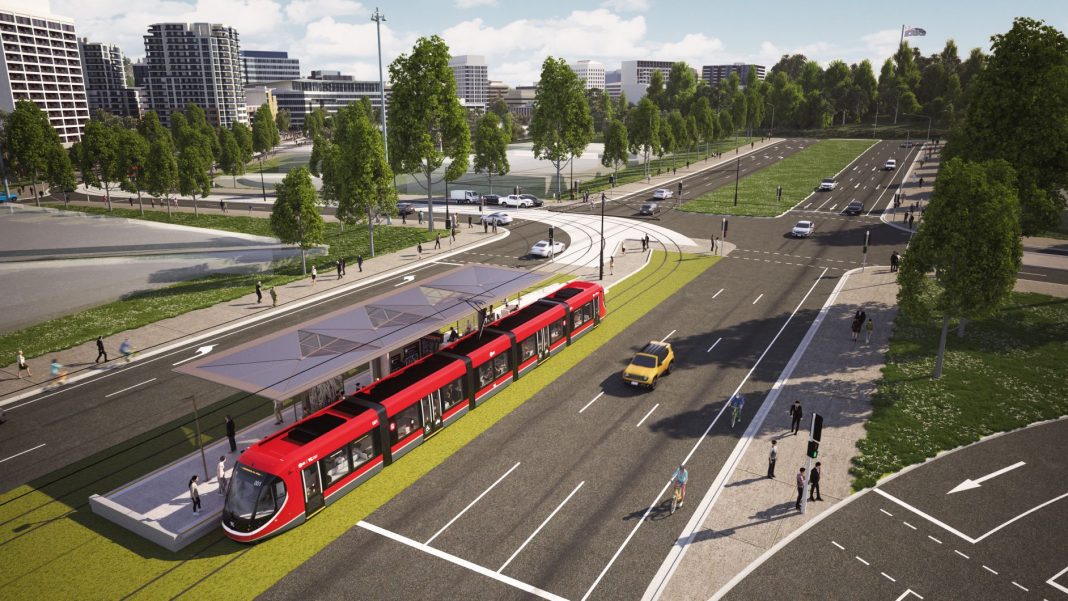 Artist’s impression showing the southern end of London Circuit raised to intersect with Commonwealth Avenue for light rail stage 2A. Image supplied: ACT Government.