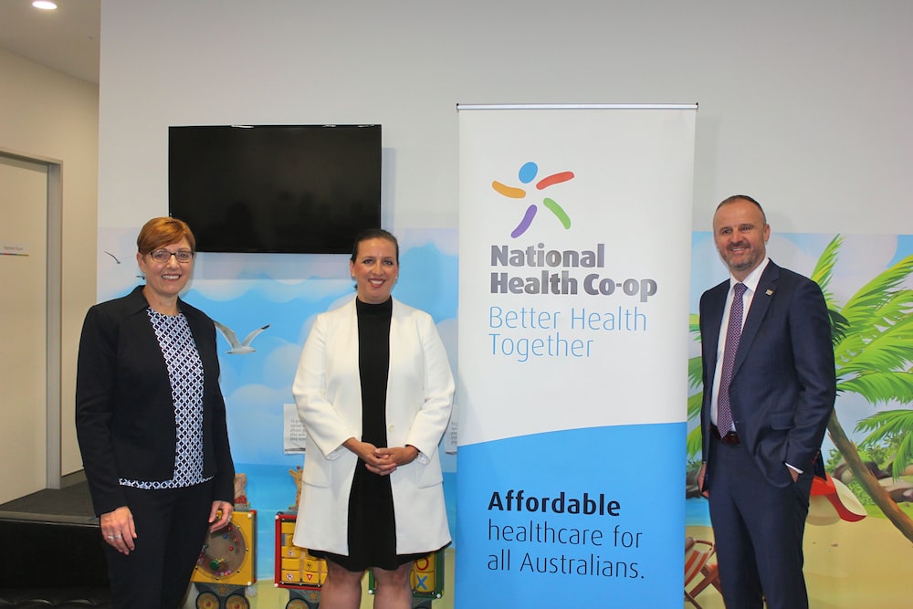 ACT Minister for Health Rachel Stephen-Smith, National Health Co-op CEO Alison Wright and Chief Minister Andrew Barr, at the National Health Co-operative in January. Image: Nick Fuller.
