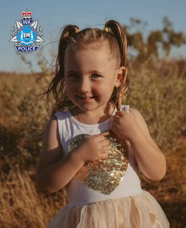 A supplied image of 4-year-old Cleo Smith who was last seen at 1.30am on Saturday at the Blowholes campsite on the coast at Macleod, north of Carnarvon.