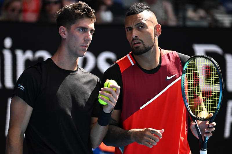 Thanasi Kokkinakis (left) and Nick Kyrgios of Australia during their Men’s doubles semifinal match against Marcel Granollers of Spain and Horacio Zeballos of Argentina on Day 11 of the Australian Open, at Melbourne Park, in Melbourne, Thursday, January 27, 2022.