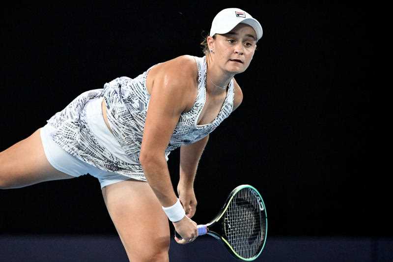 Ashleigh Barty of Australia serves during her Women’s singles semifinal against Madison Keys of the USA on Day 11 of the Australian Open, at Melbourne Park, in Melbourne, Thursday, January 27, 2022