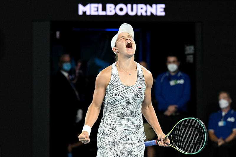 Ashleigh Barty of Australia celebrates after winning the Women’s singles final against Danielle Collins of the USA on Day 13 of the Australian Open, at Melbourne Park,