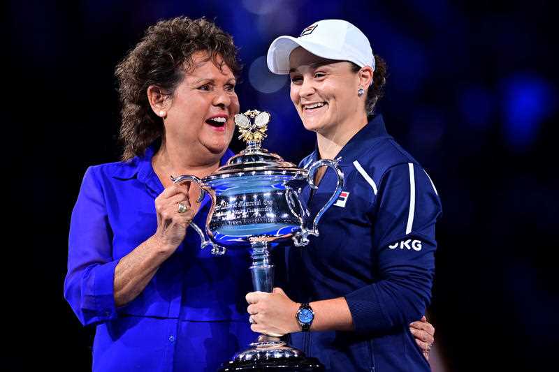 Evonne Goolagong Cawley congratulates Ashleigh Barty of Australia as she holds the Daphne Akhurst Memorial Cup after winning the Women’s singles final