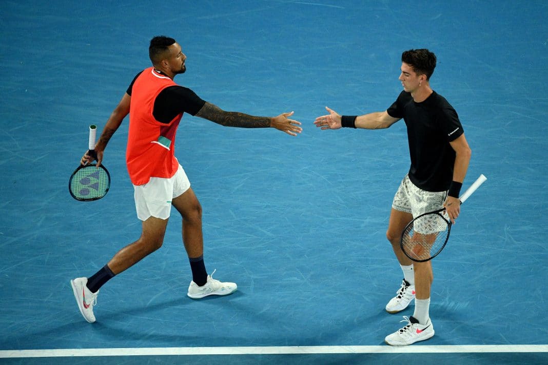 Nick Kyrgios (left) and Thanasi Kokkinakis of Australia during the Men’s doubles final against Matthew Ebden and Max Purcell of Australia on Day 13 of the Australian Open, at Melbourne Park, in Melbourne, Saturday, January 29, 2022.