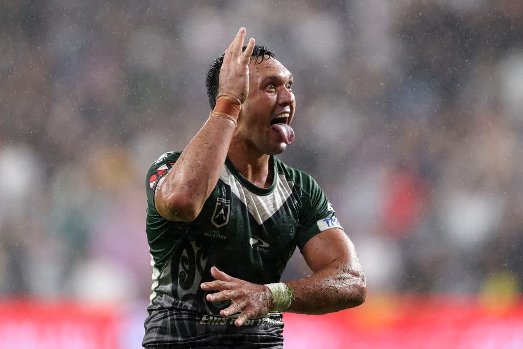 Jordan Rapana of the Maori All Stars celebrates at full time following the NRL match between the Indigenous Men's All-Stars and Maori Men's All-Stars at CommBank Stadium in Sydney, Saturday, February 12, 2022.