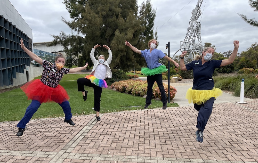 Nurses celebrate one year of COVID-vaccinations on ‘Twosday’ in tutus. Photo provided.