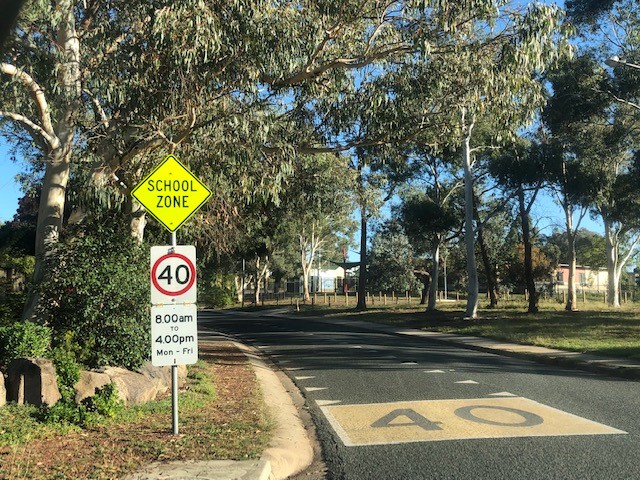40kmph school zone on the street outside Macgregor primary school in Canberra