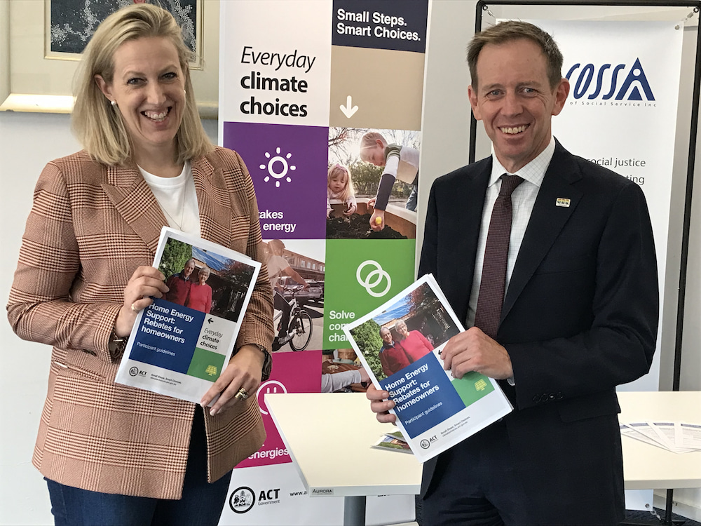 Dr Emma Campbell, CEO of ACTCOSS, and Shane Rattenbury, ACT Minister for Water, Energy and Emissions Reduction. Photo: Nicholas Fuller