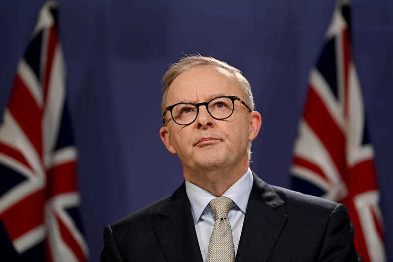 Leader of the Opposition Anthony Albanese speaks to the media during a press conference in Sydney on Sunday 10 April 2022