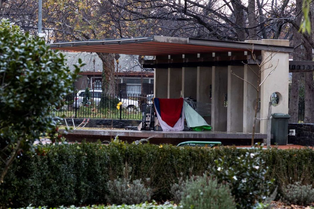 a homeless person's camp set up under a shelter in Glebe Park, Canberra City