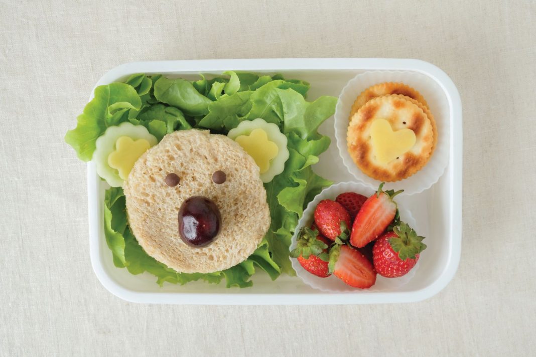 healthy lunchbox for young child with cute sandwich, lettuce, strawberries, crackers and cheese