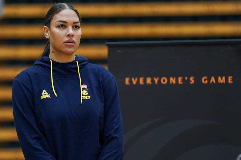 Liz Cambage is seen during the Australian Opals basketball launch event at the Melbourne Sports and Aquatic Centre in Melbourne, Wednesday, July 1, 2020.
